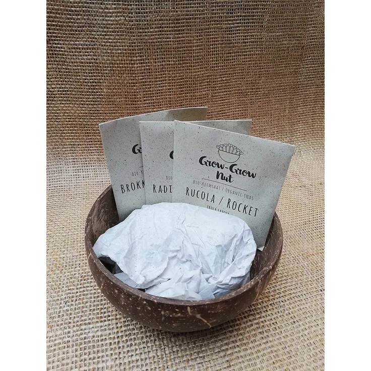 Samenshop 24 Grow-Grow Nut, Starterpaket, 1x Kokosnuss-Schale + 3x Bio-Saatgut (Brokkoli, Radieschen & Rucola) + 3x Kokoserde-Ziegel