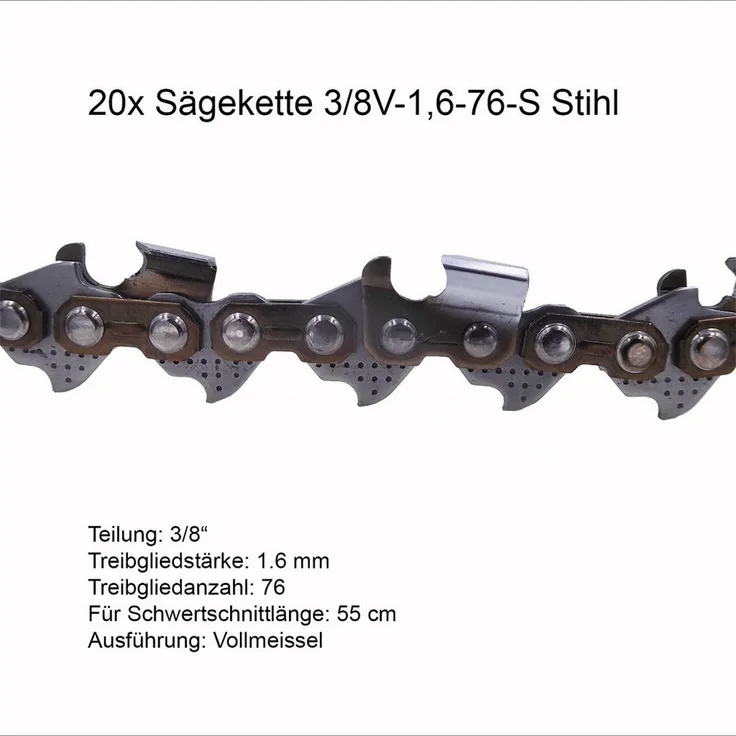 Fritz Krug Ersatzkette 2 Stück Stihl RSC Sägekette 3/8 1.3 mm 76 TG Vollmeissel, 3/8V - Set aus 20 Sägeketten für Schwertschnittlänge 55 cm