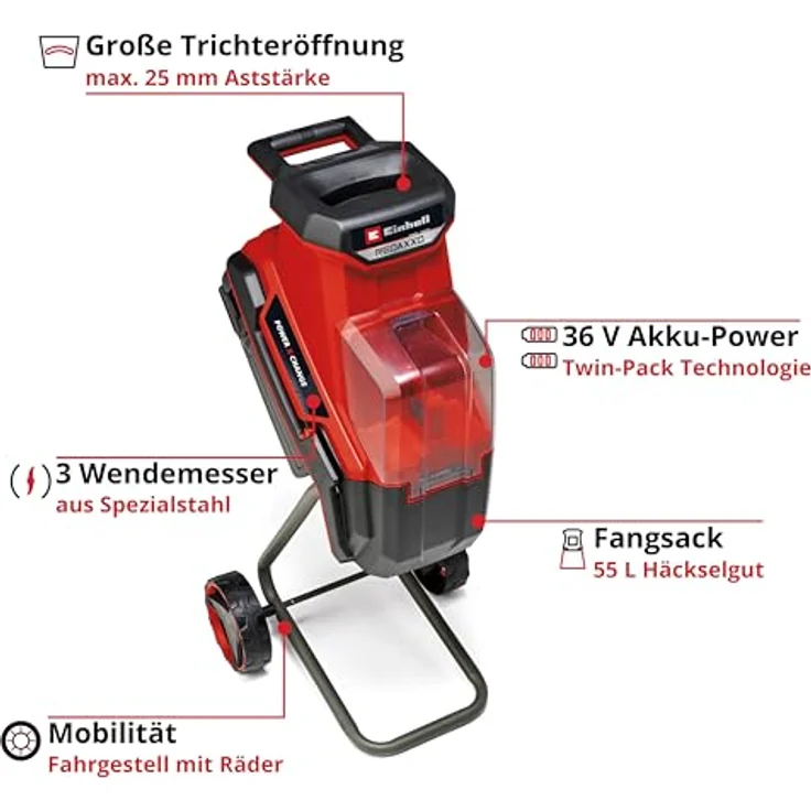Einhell Akku-Messerhäcksler REDAXXO 36/25 Power X-Change, 36 V, max. 25 mm Aststärke, 3 Wendemesser aus Stahl, 55 L Fangsack, Transportgriff, Stopfer – Bild 3