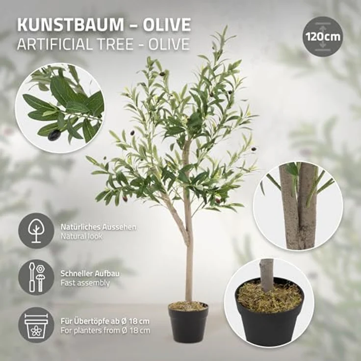 ML-DESIGN Kunstbaum Olive, 120 cm hoch, künstliche Pflanze mit echtem Holzstamm und Stoffblättern für Innen & Außen, dekorativ für Wohnräume und Garten – Bild 3
