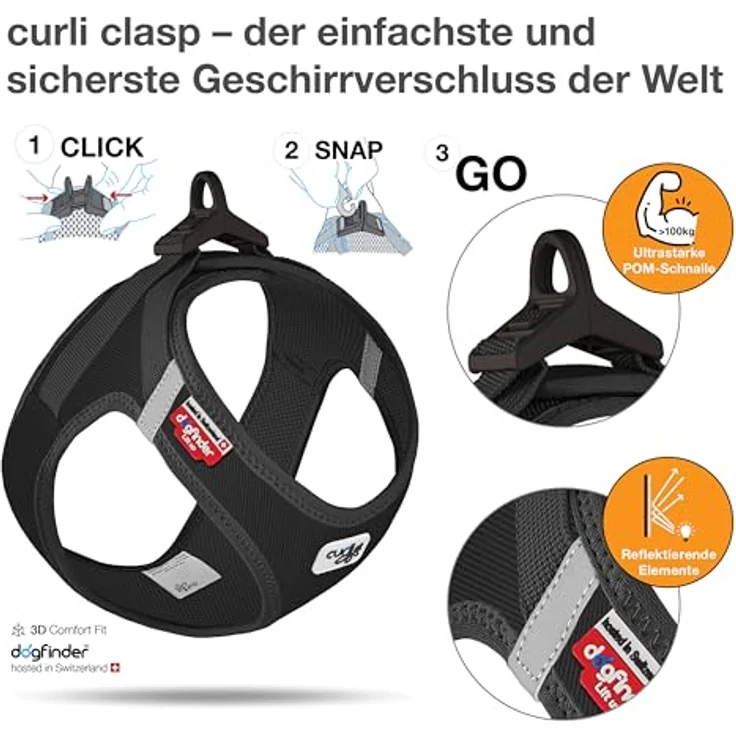 Curli Vest Harness Clasp Cord Black 2XS - Hundegeschirr mit ergonomischer Passform und reflektierenden Streifen – Bild 3
