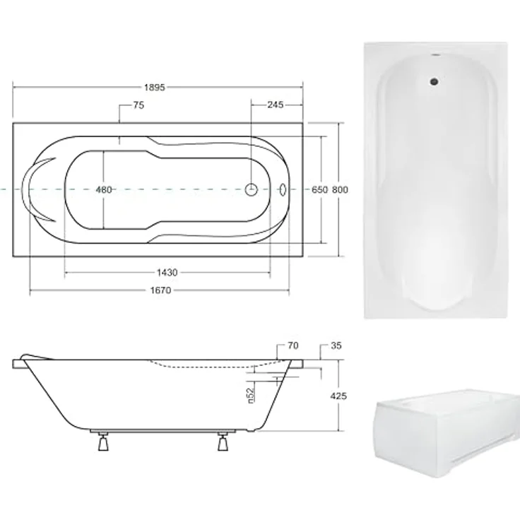 KOLMAN Badewanne BONA Rechteck 190x80, Premium Acryl Wanne mit Wannenträger, Ablaufgarnitur, Füßen und automatischem Siphon, reinweiß – Bild 5