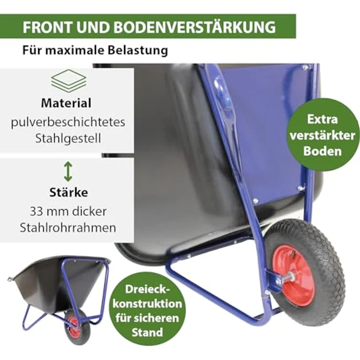 TRUTZHOLM Schubkarre 1-Rad 290L 300Kg Luftrad Metallfelge 156 x 89 cm Kunststoff, blau, stabiles Stahlgestell – Bild 5