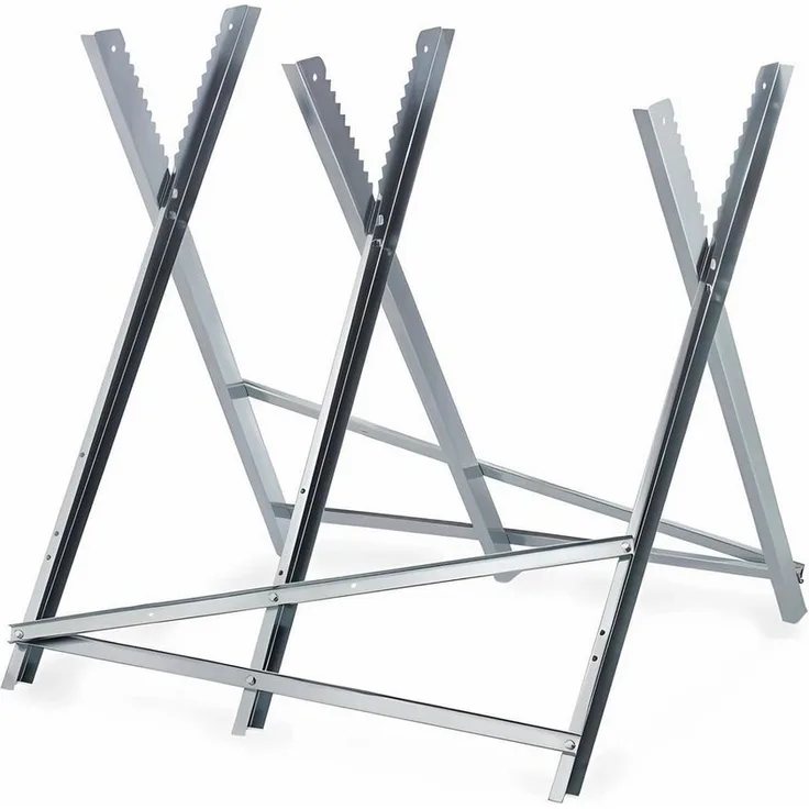 GARMIO Sägebock Sägebock verzinkt zusammenklappbarer Holzsägebock 4-fach, Extra robust, verkeilte Zinken, Greifzähne besserer Halt, 150 kg max. Belastbarkeit, silber