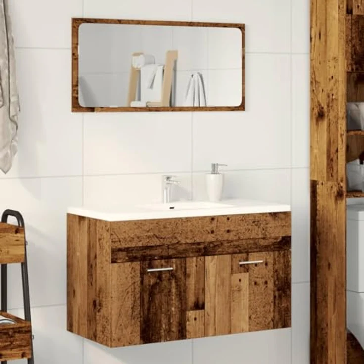 vidaXL Waschbeckenunterschrank, Altholz-Optik Holzwerkstoff, mit reichlich Stauraum und wandmontiert, für Badezimmer – Bild 3