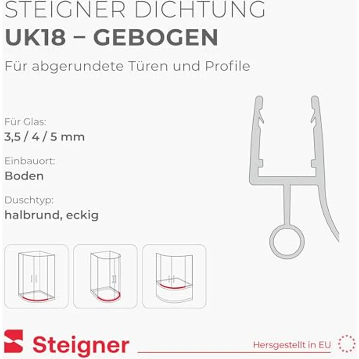 STEIGNER Duschtürdichtung gebogen UK18, 90 cm, Transparent - Duschdichtung für Runddusche Viertelkreis 3,5-5 mm, 100% wasserdicht, einfache Montage, UV- und schimmelresistent – Bild 2