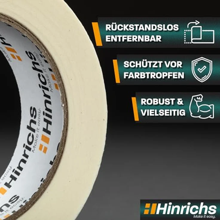 Hinrichs 4 x Kreppband - 3 Rollen 50 m x 30 mm plus 1 Rolle 50 m x 20 mm – Malerkrepp für sauberes Abkleben der Abdeckfolie bei Malerarbeiten – Bild 5