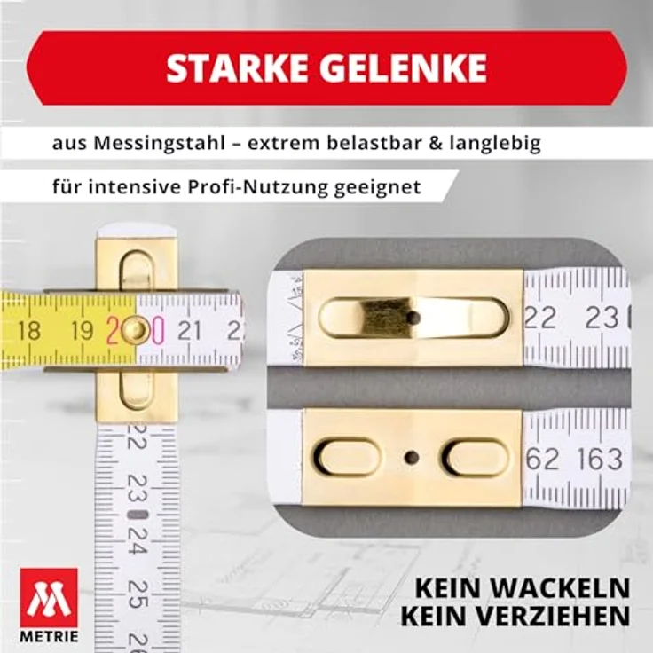 M METRIE Metrie™ PERFEKT 5 Zollstock, 1m Gliedermaßstab in Weiß/Gelb mit Duplex Teilung, 20 Stück, robuste Stahlgelenke mit Messing-Finish, Hergestellt in der EU – Bild 3