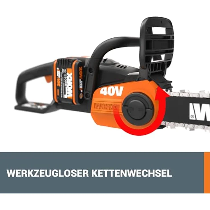 WORX 40V Akku Kettensäge WG384E, 2 x 2,0Ah, Powershare, Bürstenloser Motor, Werkzeugloses Kettenspannsystem, Schnellstopp-kettenbremse, Dual- ladegerät, 35cm Stablänge, 2 x 18V – Bild 6