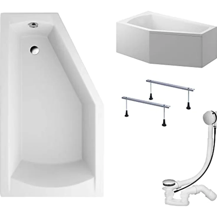 KOLMAN SELENA Eckbadewanne 150x90 Links, 170L, mit Acrylschürze, Ablaufgarnitur, Füßen, Premium Acryl, reinweiß, Komplettset 4in1 – Bild 1