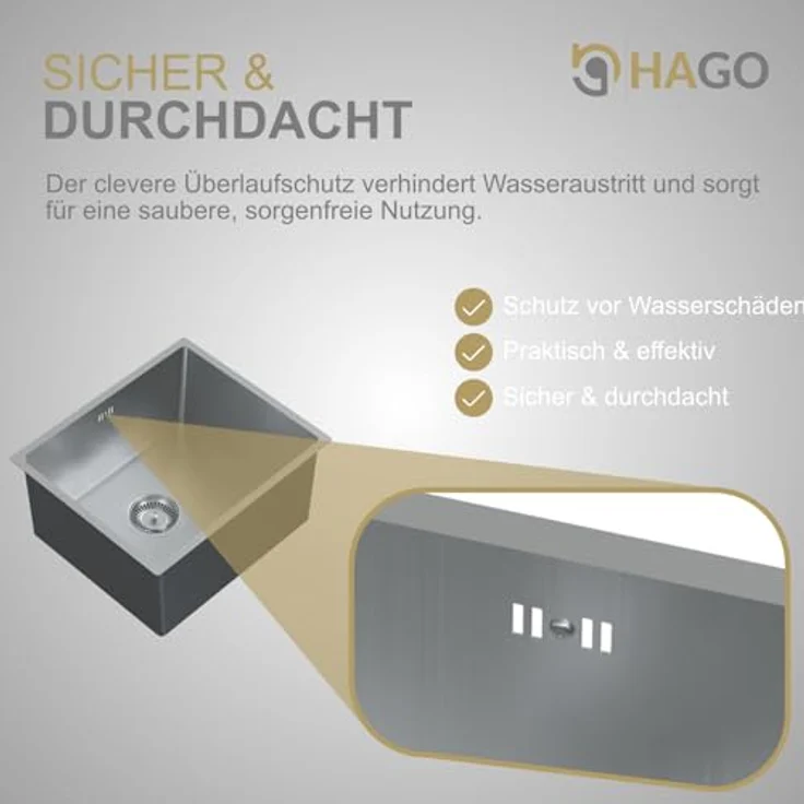 HAGO Edelstahlspüle 40x34cm Silber, Einbauspüle mit Schallschutz und hygienischem Material – Bild 4
