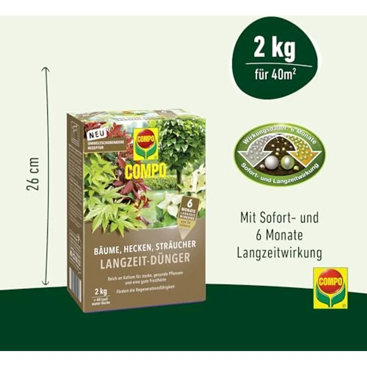 COMPO Bäume, Hecken, Sträucher Langzeit-Dünger, 6 Monate Langzeitwirkung, umweltschonendere Rezeptur, 2 kg für 40 Laufmeter Hecke – Bild 3