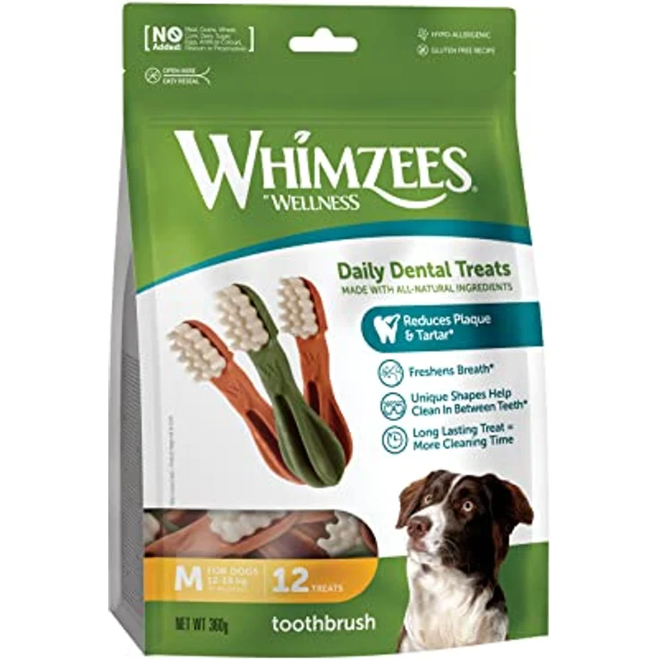 WHIMZEES By Wellness Zahnbürste, natürliche, getreidefreie Zahnpflegesnacks, Kaustangen für mittelgroße Hunde, 12 Stück, Größe M – Bild 1