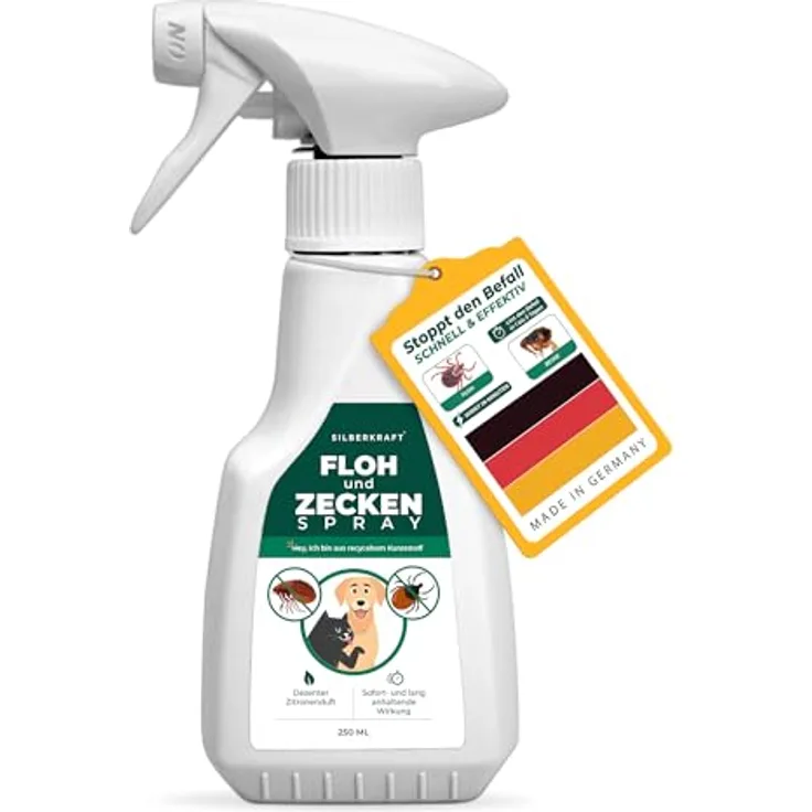 Silberkraft Floh- & Zeckenspray für Hunde und Katzen, 250 ml, mit Zitronen-Eukalyptus-Öl, effektives Repellent
