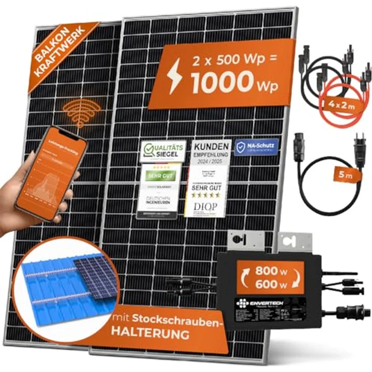 Solarway 1000W Balkonkraftwerk 800W komplett Steckdose - Envertech 800 Watt Wechselrichter - 500W Solarmodule, Premium Komplettset, WiFi Überwachung – Bild 1