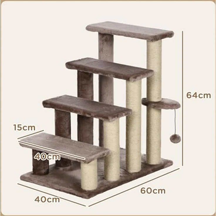 PawHut Kratzbaum Haustiertreppe mit Kratzbaum Ball, 4-stufige Katzentreppe, für Haustiere bis 5 kg, Braun – Bild 5