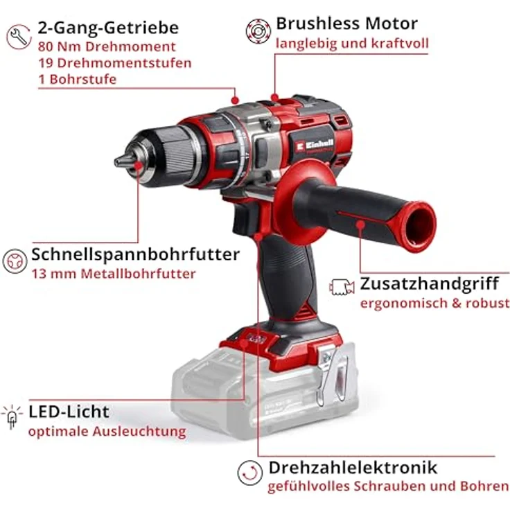Einhell Akku-Bohrschrauber TP-CD 18/80 Li BL-Solo, kraftvoller Brushless Motor, LED-Licht, ergonomisches Design – Bild 3