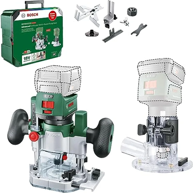 Bosch 2in1 Akku-Kanten-/Oberfräse AdvancedTrimRouter 18V-8, inkl. 2 Fräskörben + Zubehör, 18 Volt System, bürstenloser Motor, in SystemBox M