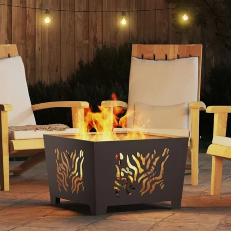vidaXL Feuerstelle Schwarz, quadratischer Stahl-Outdoor-Feuerkorb 60 x 60 x 40 cm, hitzebeständig für Garten und Terrasse – Bild 2