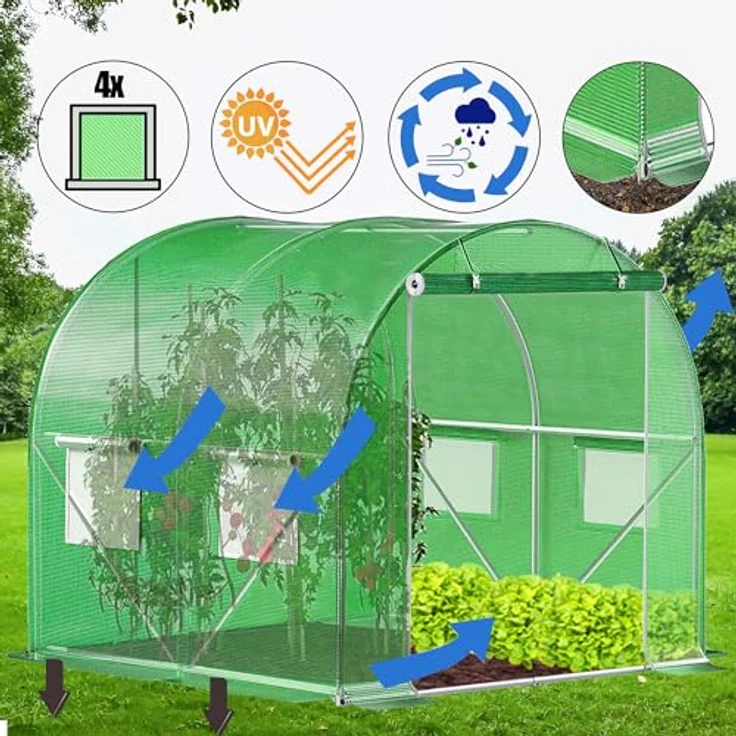SPRINGOS Folientunnel Bogendach Fenster Gewächshaus 200 x 200 x 200 cm, UV-Schutz, Belüftungsfenster, grün – Bild 2