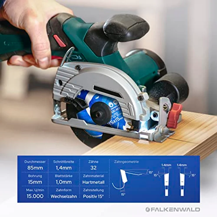 FALKENWALD Akku Sägeblatt 85x15 für Holz, hohe Präzision, kompatibel mit Bosch GKS 12v-26, Bosch GKS 85, und Makita Mini Handkreissäge – Bild 5
