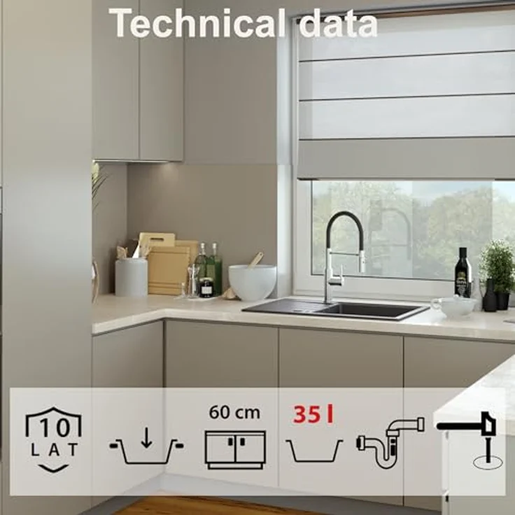QUADRON PETER 111 Spülbecken 1-Becken Granitspüle, 78 x 50 x 20 cm, Soft Taupe, inkl. Siphon und integrierter Abtropffläche – Bild 2