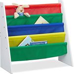 Relaxdays, Mehrfarbig Bücherregal für Kinder, Aufbewahrungsregal, Spielzeugregal, aus MDF+Polyester, mit 4 Stofffächern, Standard