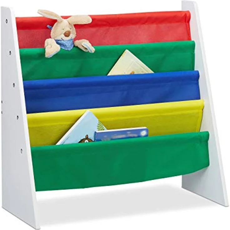 Relaxdays, Mehrfarbig Bücherregal für Kinder, Aufbewahrungsregal, Spielzeugregal, aus MDF+Polyester, mit 4 Stofffächern, Standard – Bild 1