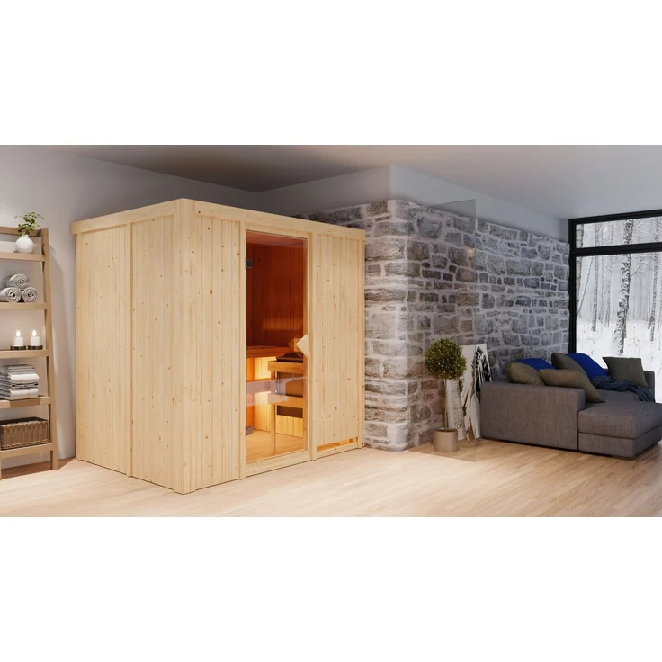 Karibu Sauna Bodin 9 KW mit externer Steuerung - Massivholz Fronteinstieg, 196x151x198 cm, Bronzierte Tür