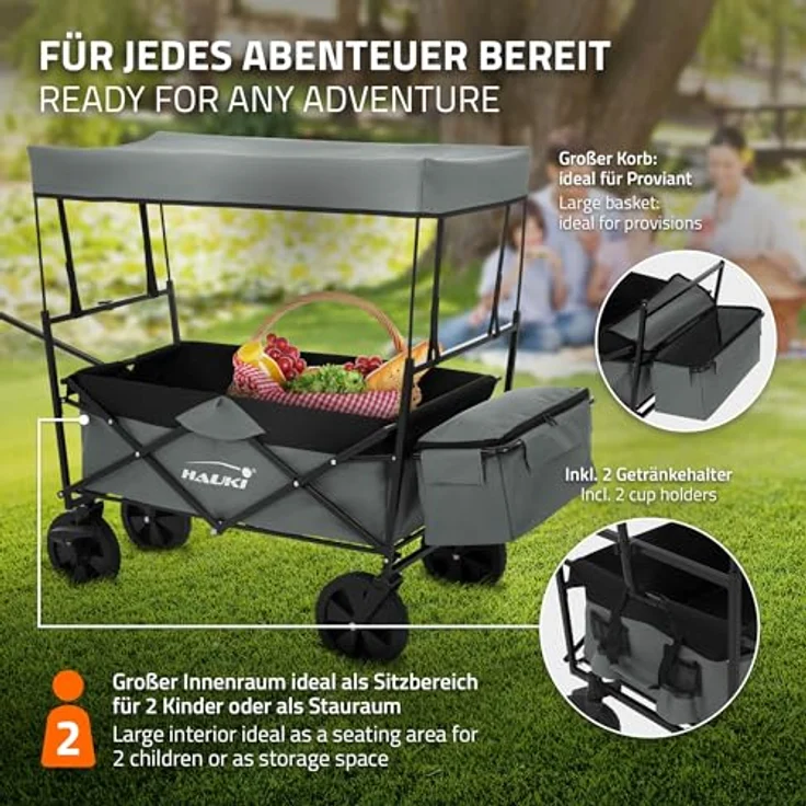 Hauki Bollerwagen L faltbar mit abnehmbarem Dach, grau, bis 80 kg Tragkraft, inkl. 2 Netztaschen und 1 Außentasche, Vorderrad-Bremse, für Kinder und Geräte – Bild 5