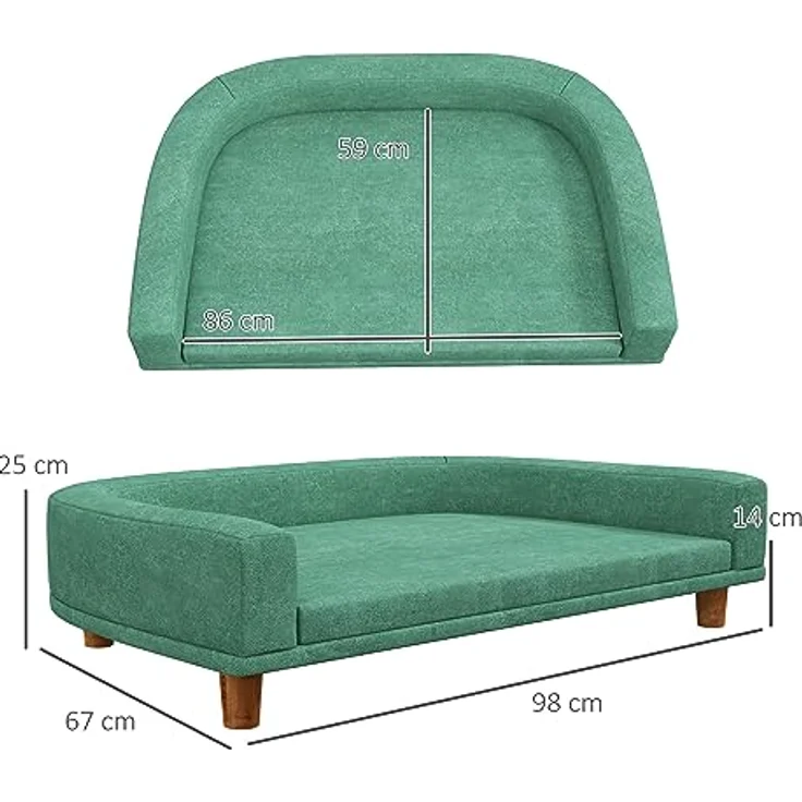PawHut Hundesofa, Haustiersofa Katzensofa mit Kissen, Hundebett für große Hunde, Hundecouch mit Erhöhtem Design, Hundesessel mit Holzbeine, Grün, 98 x 67 x 25 cm – Bild 5