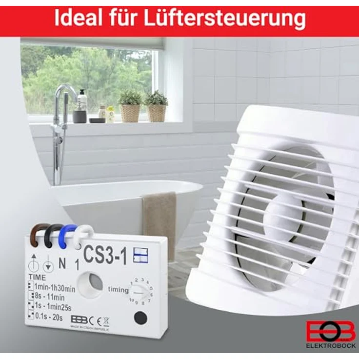 ELEKTROBOCK CS3-1 Nachlaufrelais 230 V, verzögerte Lüftersteuerung mit einstellbarem Zeitintervall von 1 Sekunde bis 90 Minuten, Unterputzmontage – Bild 3