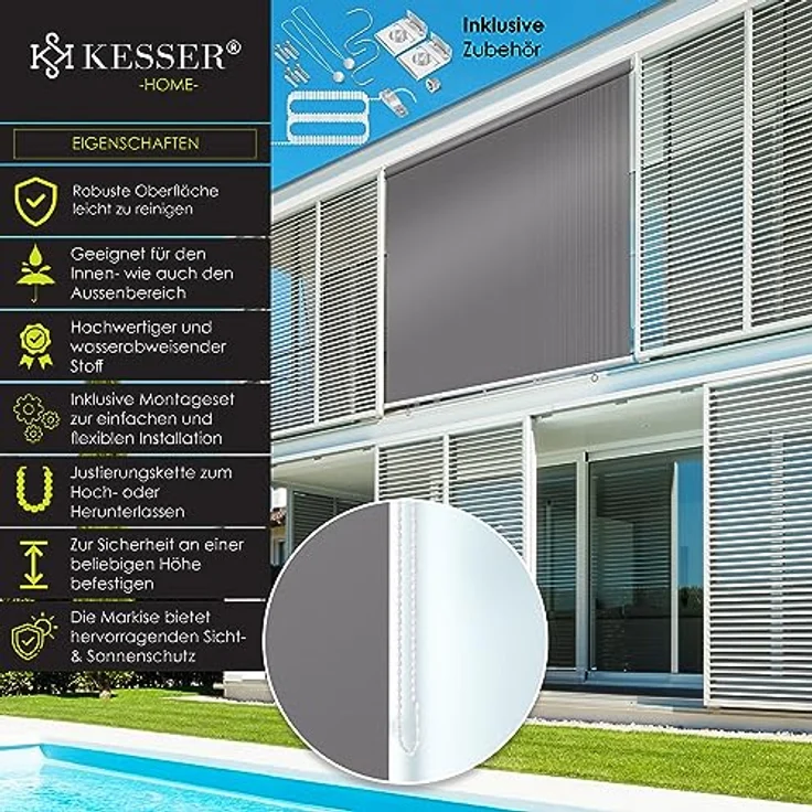 KESSER® Senkrechtmarkise Vertikalmarkise Balkonmarkise 140 x 140 cm Sichtschutz Sonnenschutz Seitenrollo Beschattung, Balkonrollo Stabil und wetterbeständig, für Balkon, Terrasse, Garten, Grau – Bild 2