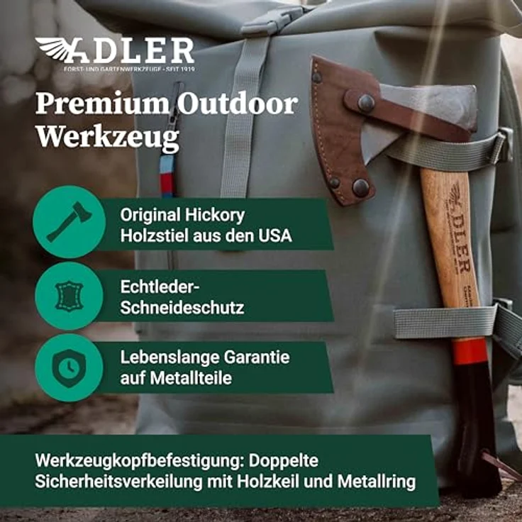 Adler Rheinlandbeil inkl. Lederschutz: Geschmiedetes Holzbeil aus C60-Stahl, Holzaxt mit 36 cm Hickory-Stiel, Anti-Rutsch Outdoor-Beil, Survival Axt für Camping & Wandern, Rot/schwarz, 600 g – Bild 5