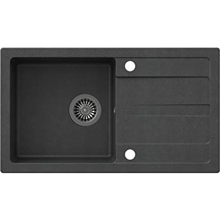 VBChome Spüle 77 x 44 cm Schwarz Granit Einzelbecken Einbauspüle Abtroffläche gesprenkelt reversibel Verbundspüle + Siphon Spülmittelspender