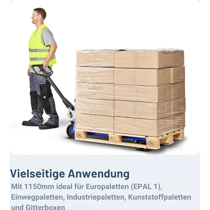 Pallit Gabelhubwagen COLOR, 2500kg Palettenwagen aus Stahl mit 1150mm Gabellänge, PU Rollen und ergonomischer Deichsel, RAL 2011 tieforange – Bild 2