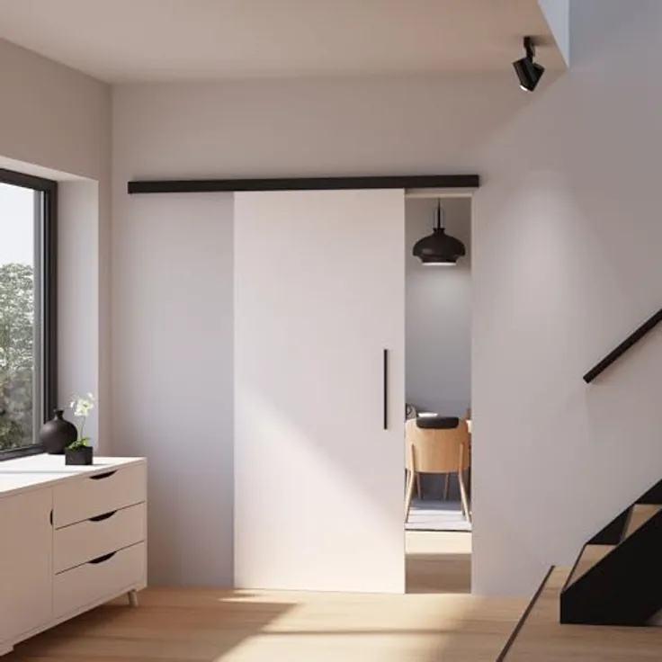 inova Holz-Schiebetür Komplettset 880 x 2035 mm, weiß mit schwarzem Beschlagset und Stabgriff, wartungsfreies Hängesystem, Made in Germany