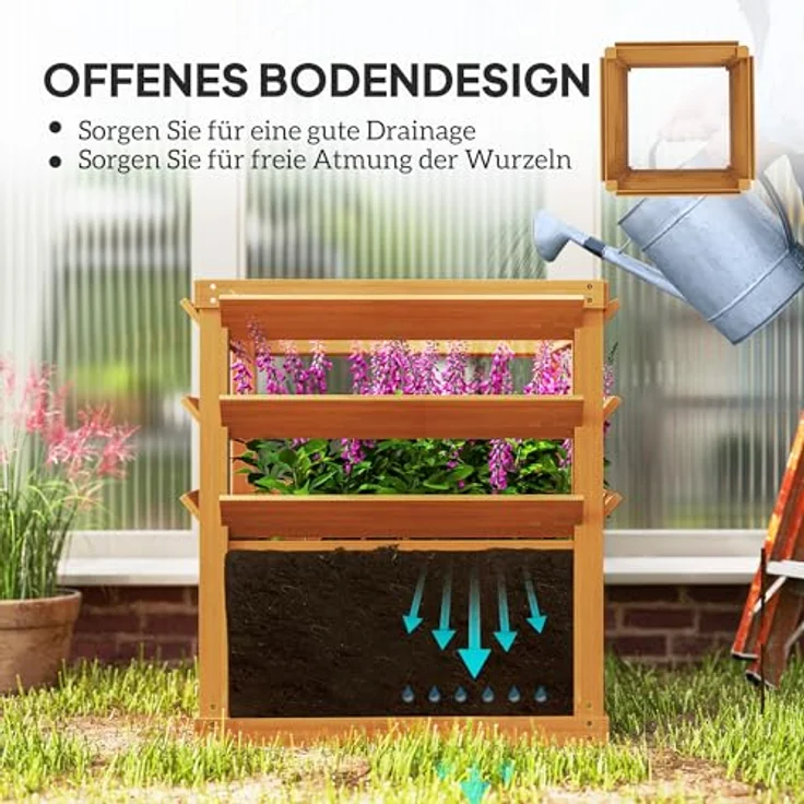 Outsunny Hochbeet mit Rankgitter, Tannenholz, offene Boden, 65 x 65 x 60 cm, Karamellbraun, für Garten und Balkon, ideal für Kletterpflanzen und Blumen – Bild 4
