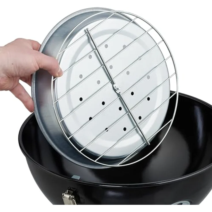 Relaxdays Kugelgrill tragbar Ø 37cm mit Grillzange, kompakte Größe, fixierbarer Deckel, Schwarz/Silber – Bild 7