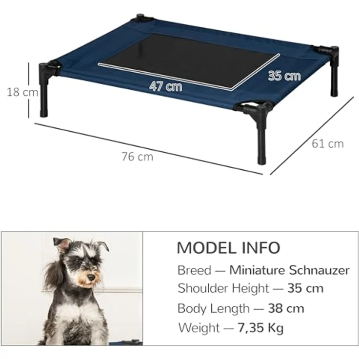 PawHut Hundebett Hundeliege Outdoor Katzenbett Haustierbett Schlafplatz Stahl 600D Oxford-Gewebe Blau 76 x 61 x 18 cm, erhöhtes Bett mit Stahlrahmen für mittelgroße Hunde bis 20 kg – Bild 5