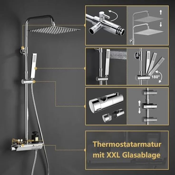 Görbach Edelstahl Duschset Regendusche mit Thermostat Mischbatterie, verstellbarer Duschstange, Kopfbrause 25x25 cm, Chrom – Bild 5