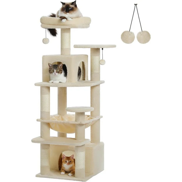 PurpurRain Kratzbaum Katzenturm mit Hängematte und Katzenhöhle, 3 Höhen, Sisal überzogene Kratzsäulen, gepolsterte Habitaten, Wohnungen und Körbe, Purpur