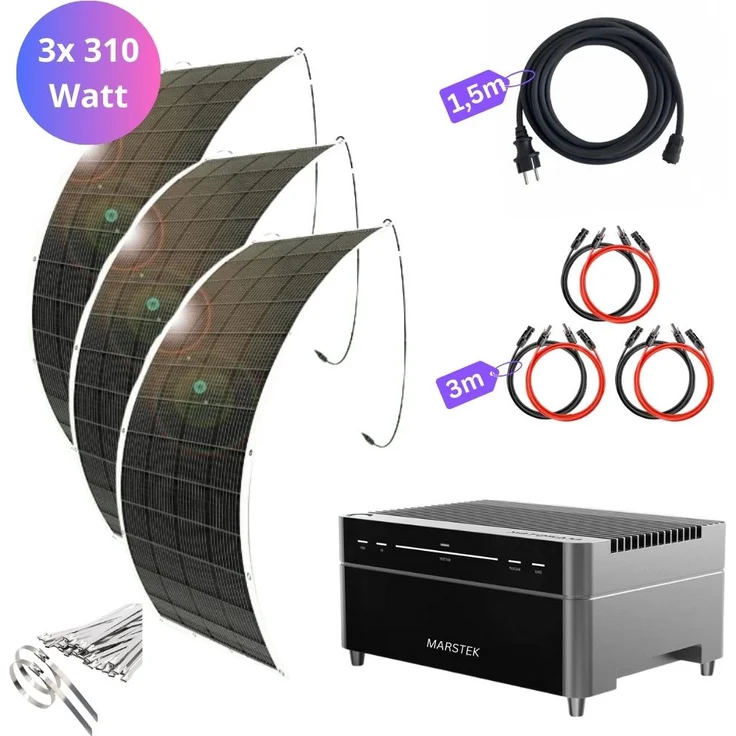 MYVOLTAICS MyUltraleicht Balkonkraftwerk 930W, Komplettset mit Marstek Venus A Speicher 2,12 kWh, notstromfähig, ultraleicht, 3x Solarmodule 310W, Balkonsichtschutz