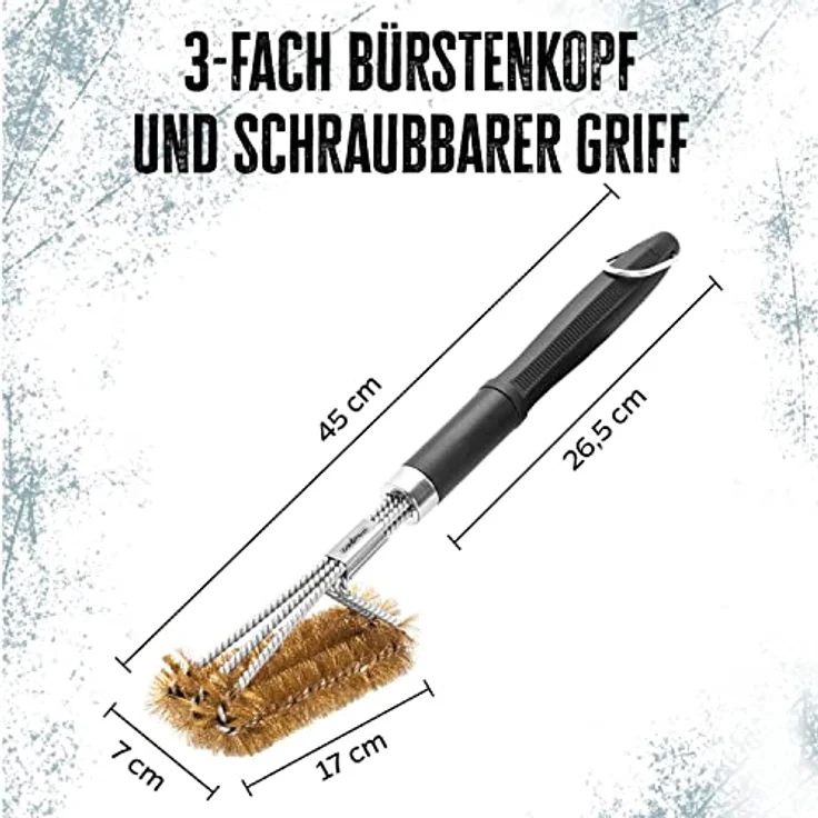 Grillfürst Premium Grillbürste mit Messing Borsten, 45 cm - Grill Reinigungsbürste für Grillrost, Grillrost Bürste mit langem 3-Fach Bürstenkopf – Bild 3