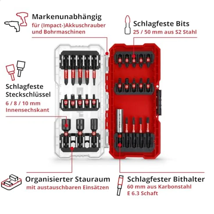 Einhell Bit-Set S-CASE, 28-tlg. schlagfest mit 15x 25-mm-Bits und 9x 50-mm-Bits aus S2 Stahl, inklusive 60 mm Bithalter – Bild 3