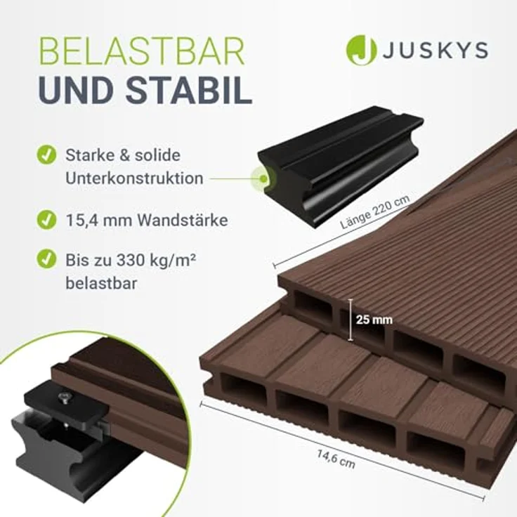 Juskys WPC-Terrassendielen 8 m², 24 Dielen 14.6x220 cm, wetterfest, raue Oberfläche, 330 kg/m² belastbar, Farbe Braun – Bild 5