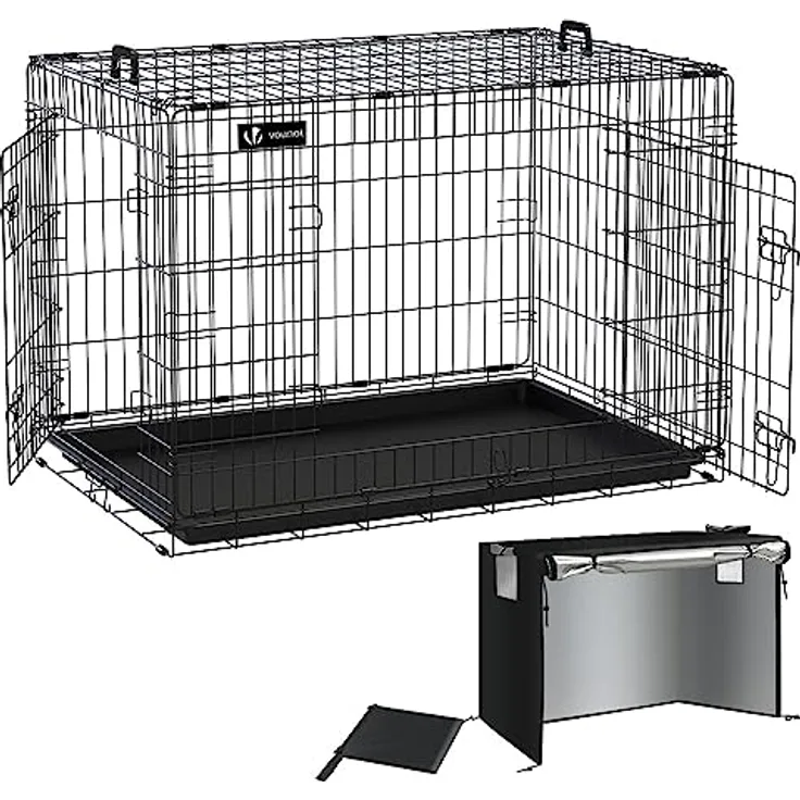 VOUNOT Hundekäfig Klappbar mit Abdeckung, Hundebox Auto Hundetransportkäfig mit Doppeltüren, 2 Transportgriffen & Bodenschale, XL 107 x 70 x 78 cm, Schwarz