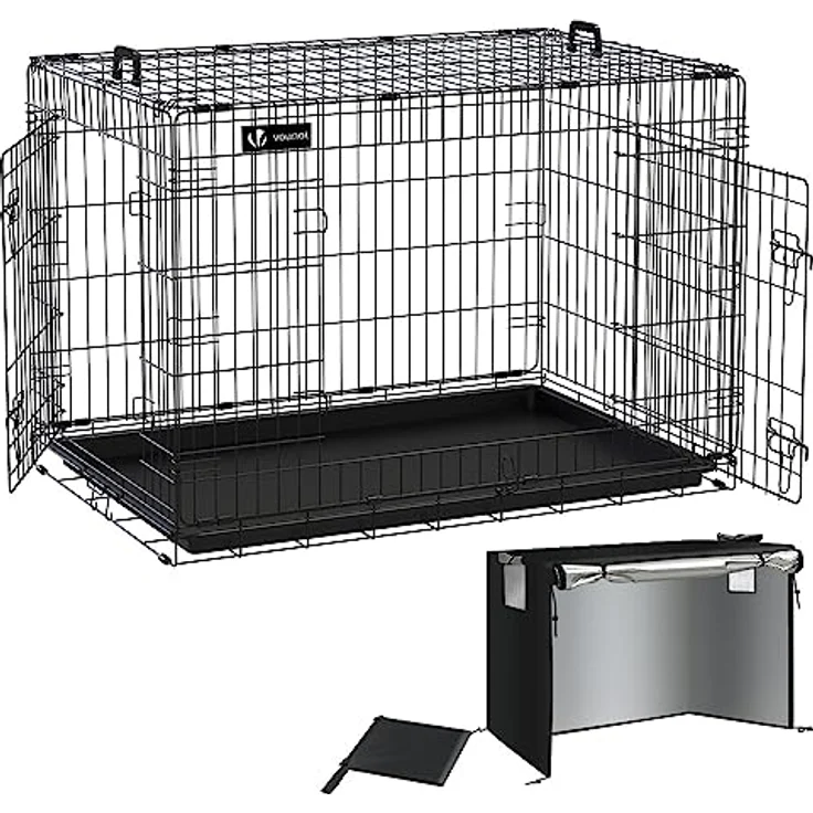 VOUNOT Hundekäfig Klappbar mit Abdeckung, Hundebox Auto Hundetransportkäfig mit Doppeltüren, 2 Transportgriffen & Bodenschale, XL 107 x 70 x 78 cm, Schwarz – Bild 1