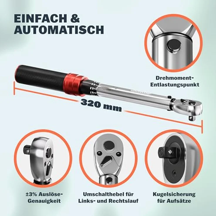 Monzana Drehmomentschlüssel (18 St), 1/4" 1-25 NM ±3% mit Verlängerung, Transportbox Fahrrad Motorrad Set – Bild 6