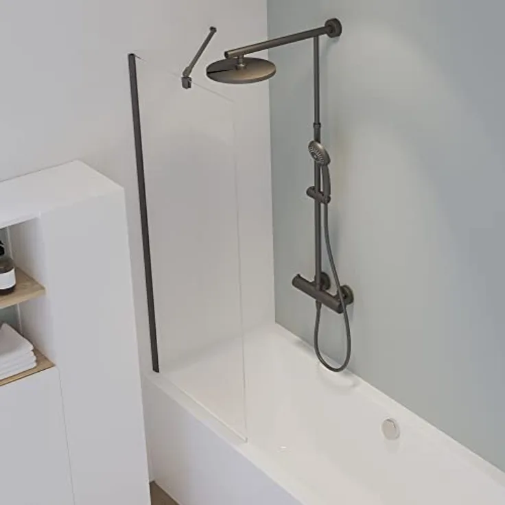 Schulte feststehende Duschabtrennung auf Badewanne, 140 x 70 cm, 5 mm Sicherheitsglas ESG Klar hell, Mattschwarz, fixe Badewannenfaltwand, D1611-F-68-50